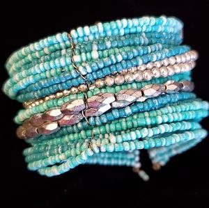 Silvertone and blue green seed beads stacked wrap bracelet